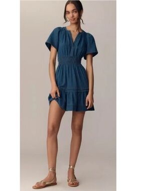 Anthropologie Somerset Denim Split V-Neck Tiered Mini Dress Western Blue LP